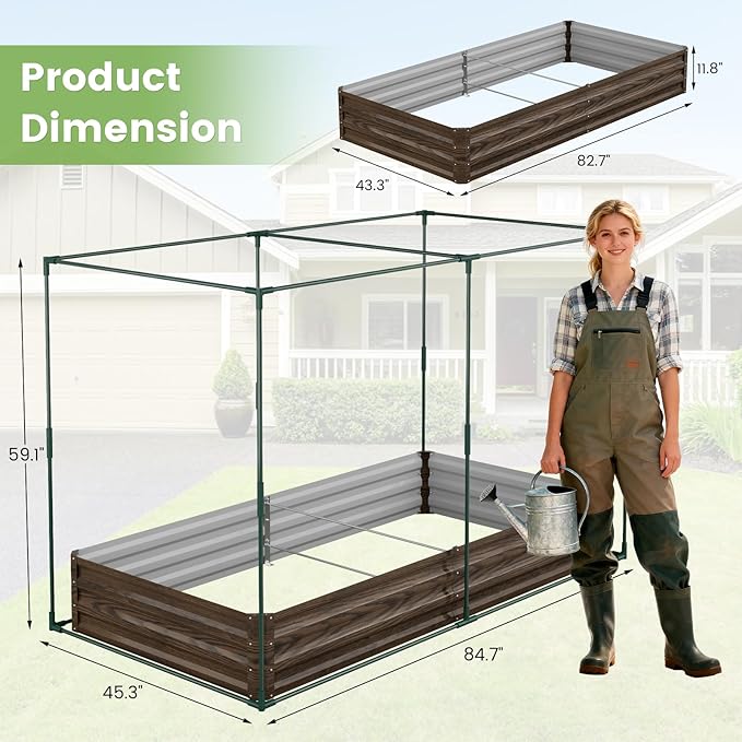 DoCred Crop Cage with Raised Garden Bed, 84.6" x 45.3" x 59" Plant Protection Tent Garden Cages with Window, 2 in 1 Galvanized Raised Garden Bed Kit and Mesh Cover for Garden, Yard, Lawn