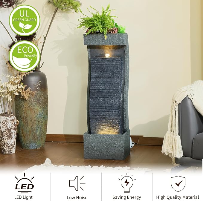 Sunlinua 35H Modern Outdoor Water Fountain with Warm Light Garden Cascading Waterfall Feature for Indoor or Outdoor Cascading Waterfall for Relaxing Garden Patio Backyard Deck Porch or Home Décor
