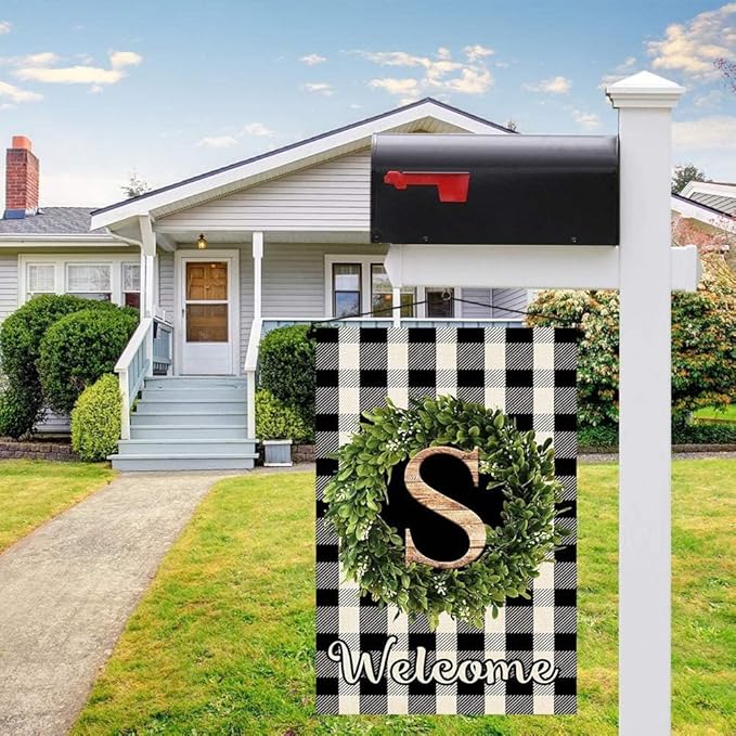 Baccessor Monogram Letter S Garden Flag 12.5 x 18 Inch, Buffalo Plaid Family Last Name Initial Boxwood Wreath Welcome Vertical Double Sided Small Flags for Outdoor Outside Decoration