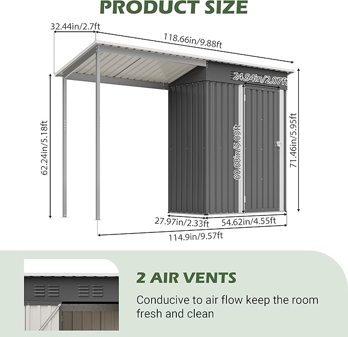 Waterproof 9.6'x2.3' Storage Shed and Gazebo Combo, Heavy Duty 2-in-1 Lean-to Tool Storage Garden House with 5'x2.3' Open Pergola, Lockable Door for Patio, Backyard, Lawn, Metal, Gray