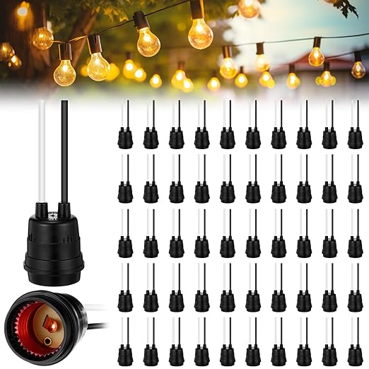 VIHOSE 50 Pcs Black Pigtail Lamp Holder Light Sockets E26/ E27 Fully Sealed Waterproof Lamp Sockets 250v Temporary Light Bulbs Holder with Wire Cord for Outdoor Garden Patio DIY Illumination