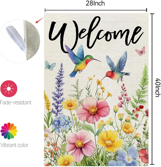 CROWNED BEAUTY Spring House Flag Floral Hummingbirds Double Sided 28x40 Inches Large Burlap Welcome Holiday Seasonal Yard Decoration for Outside Porch