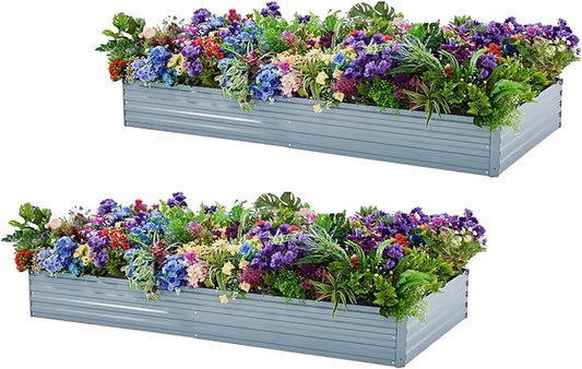 Meberam 2 Pack 8x4x1FT Galvanized Raised Garden Beds Kit Outdoor Metal Gardening Planter Box for Vegetable Elevated Flower Herbs,Gray