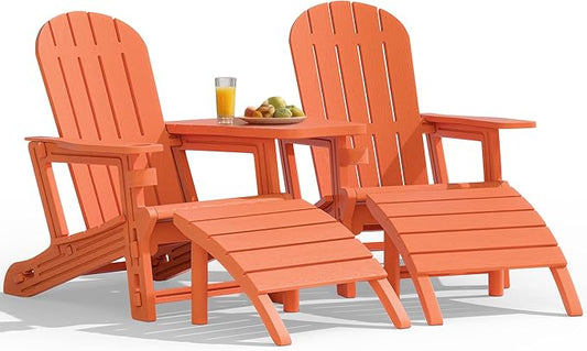 Vongrasig Adirondack Chairs Set of 2 with Removable Tabletop and Footrest, HDPE Plastic Outdoor Chair Set with Wooden Textured, Cup Holder for Patio, Poolside, Garden, Orange, 5 Pieces