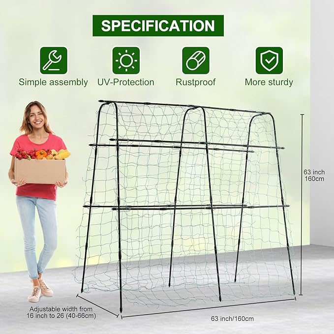 FOLLOOK Cucumber Trellis for Raised Bed, 5x5ft Metal Garden Trellis Climbing Plants Outdoor Tomato Plant Support Grape Vegetables Squash Bean Pea Cucumber Trellis, with Netting, Black