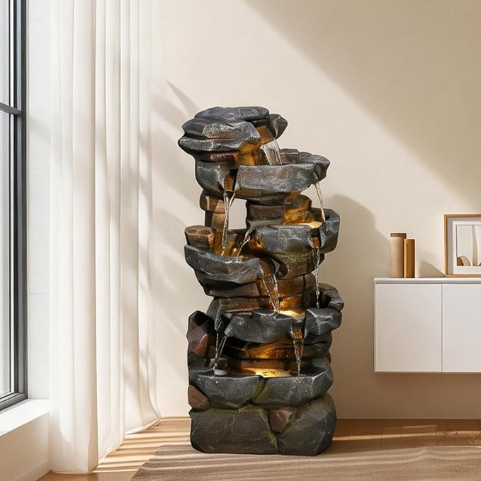 Sunlinua 42" H Outdoor Water Fountain with 5 Tiers Large Cascading Realistic Tree Trunk Waterfall Fountains with LED Lights Outdoor Water Fountain for Garden Patio Backyard Porch Home Decor