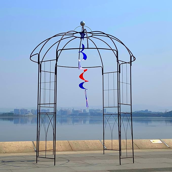Metal Gazebo Pergola Pavilion Arbor Arch Trellis French Style with Hook 9' Highx 6'6" Wide for Various Climbing Plants Support Outdoor Garden Decoration, Dark Rust