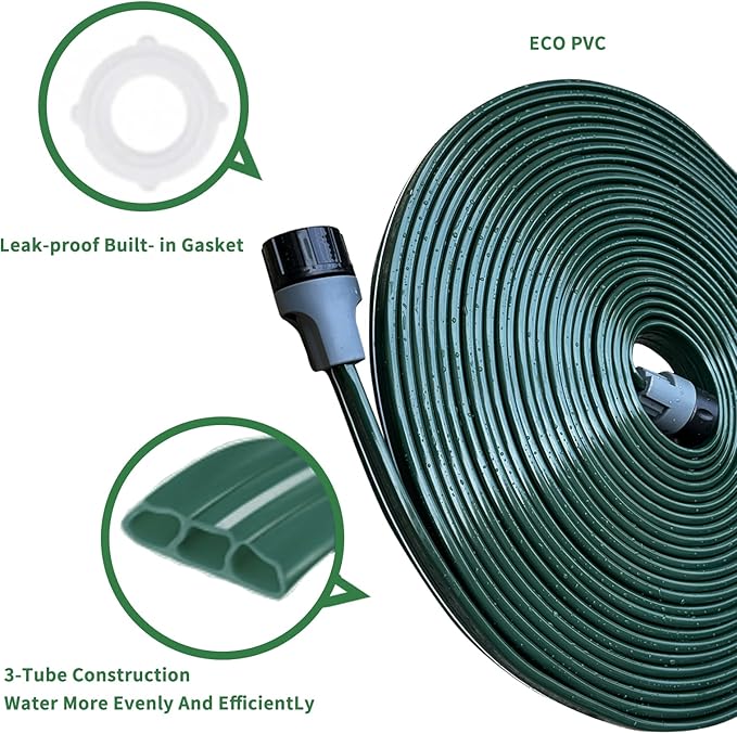 Watoo 2026 Sprinkler Hose & Soaker Hose for Yard - 100 FT Reinforced Flat Garden Hose with Holes, Heavy Duty No-Kink Lawn Irrigation Hose (Includes Stakes, High Pressure Spray)