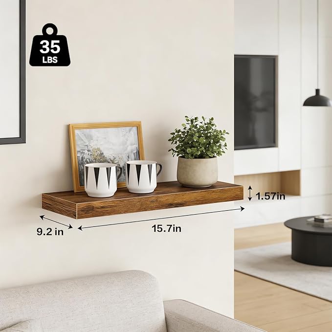 Solid Wood Floating Shelves Set of 2 - Waterproof Scratch Resistant Wall Mounted Shelves, Country Style Brown (15.75 in W × 9.25 in D × 1.57 in H) for Bedroom Bathroom Kitchen Living Room