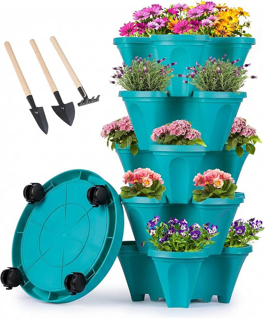 GameXcel Vertical Planter Tower - 5 Tier Stackable Garden Planters with Wheels and Tools Plant Pots for Strawberry Herb Flower and Vegetable Indoor Outdoor Use Teal
