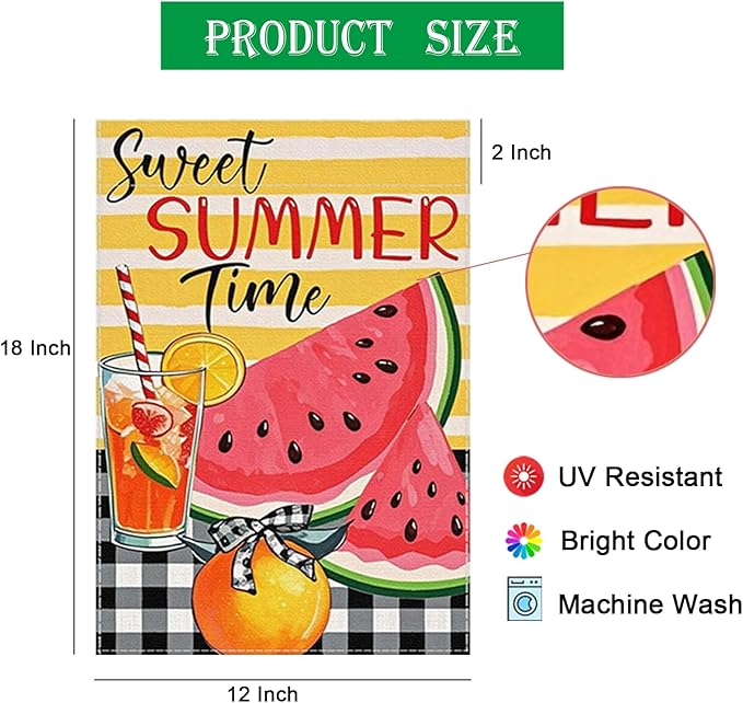 Sweet Summer Time Garden Flag Watermelon Buffalo Plaid 12x18 Inch Welcome Small Flags for Outside, Fruit Double Sided Burlap Juice Lemon Holiday Seasonal Banner Farmhouse Outdoor Yard Decoration