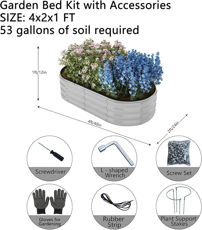ZFHgarden Galvanized Planter Outdoor Galvanized Metal Planter Round Raised Garden Bed Kit for Gardening Outdoor 1CP Gray 4X2X1FT