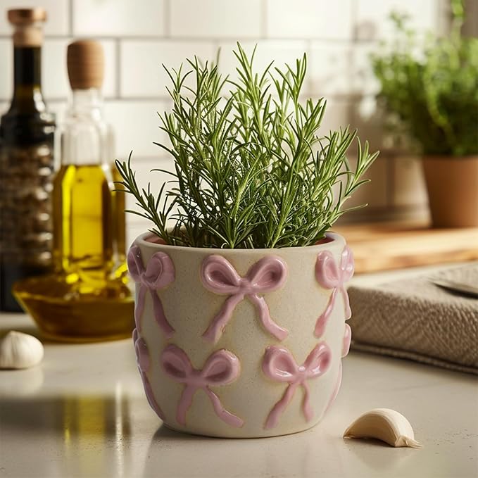 Ceramic Flower Pots for Indoor and Outdoor Plants, Succulent Orchid Round Clay and Terracotta Planter for Garden Home Modern Decoration 5.3 Inch (Pink Bow, Without Saucers)