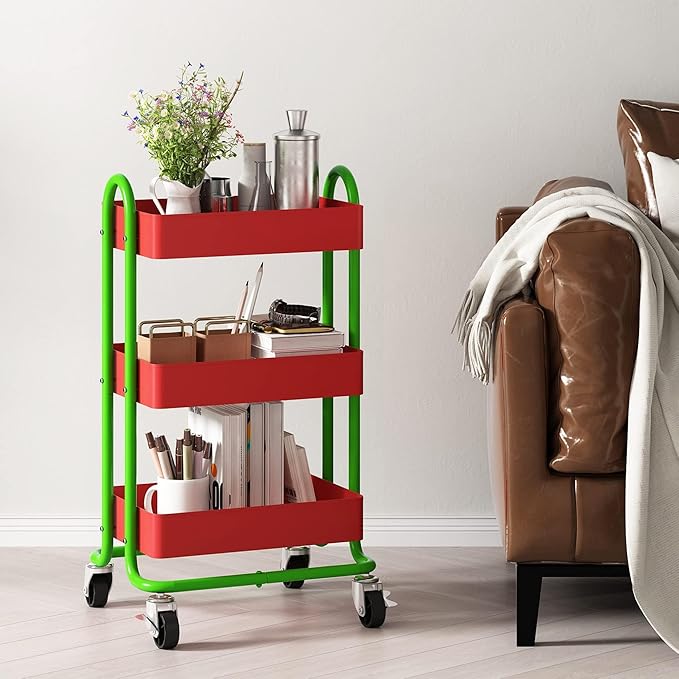 Metal Rolling Cart,3-Tier Metal Rolling Cart with Wheels,3 Tier Utility Cart with Wheels for Office,Home,Kitchen,Garden（13.4"x18.1"x31"） Red+Green