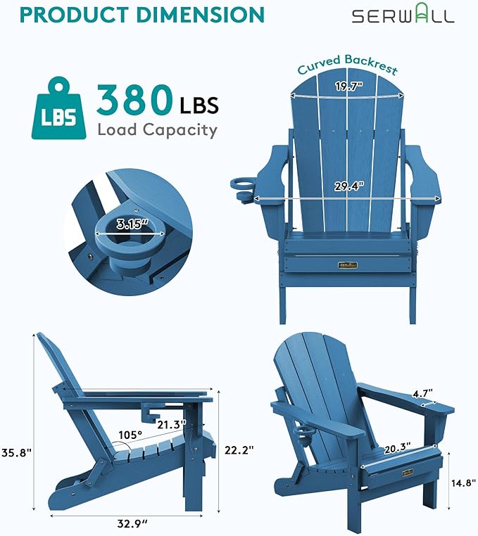 SERWALL Folding Adirondack Chair for Patio Garden Outdoors- Sapphire