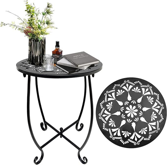 Patio Side Table, Weather Resistant Metal Side Table, Small Round Outdoor End Table Accent Side Table for Patio Yard Porch Balcony Garden Bedside Plant Stand Indoor Outdoor (H 17Inch) (1)