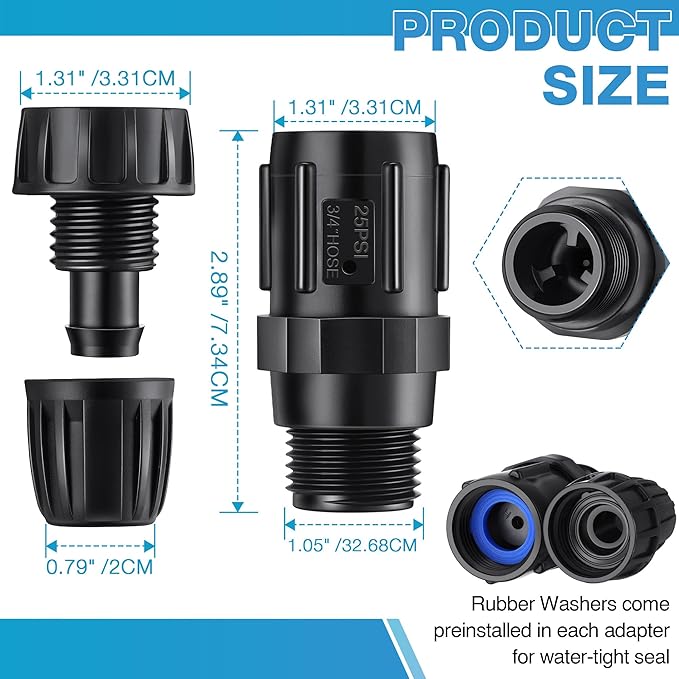 8 Pcs 25 PSI Drip Irrigation Pressure Regulator Faucet Adapter Kit, 4 Pcs 3/4" FHT x 3/4'' MHT Pressure Regulator, 4 Pcs 1/2 Inch Drip Irrigation Tubing Adapter for Drip Irrigation System