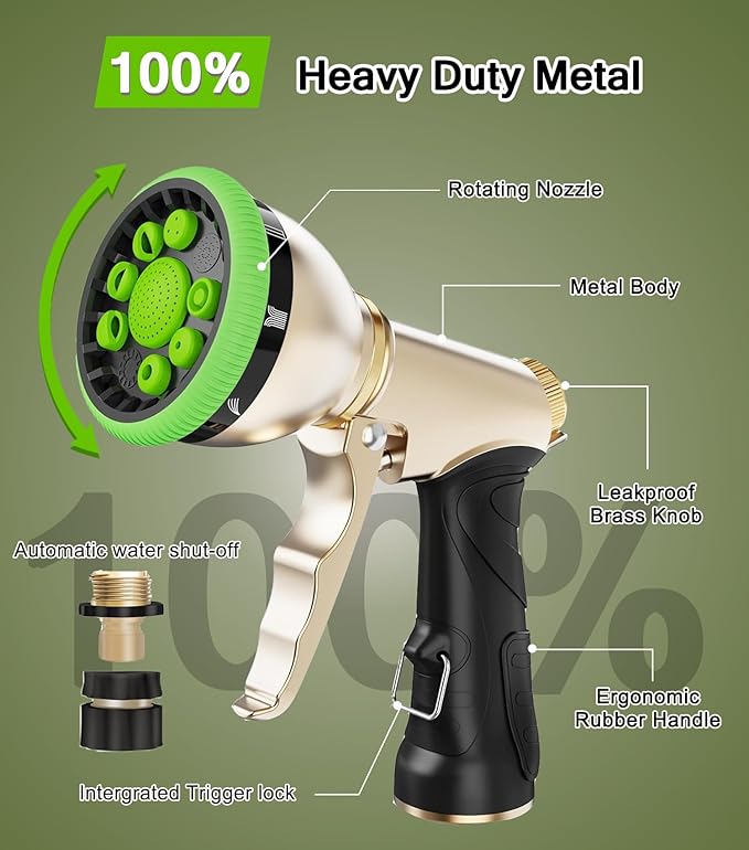 Garden Hose Nozzle Heavy Duty, 100% Metal Water Hose Sprayer Nozzle for Washing Car, Watering Plants, Washing Pets, and Home Use with 9 Adjustable Spray Patterns