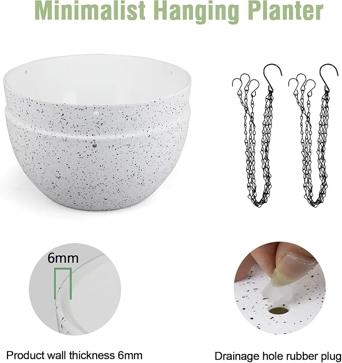 Meowell 8 inch Hanging Planters for Small Indoor Outdoor Plants, 2 Pack Hanging Flower Pots with Drainage Holes and Chain for Garden Porch, Plastic Hanging Baskets for House Plants, Speckled White