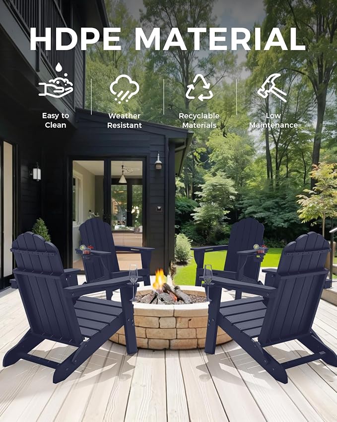 Adirondack Chair, HDPE Material Fire Pit Chairs, Plastic Adirondack Chairs with 2 Cup Holder, Outdoor Lawn Chair for Patio Garden, Dark NavyBlue