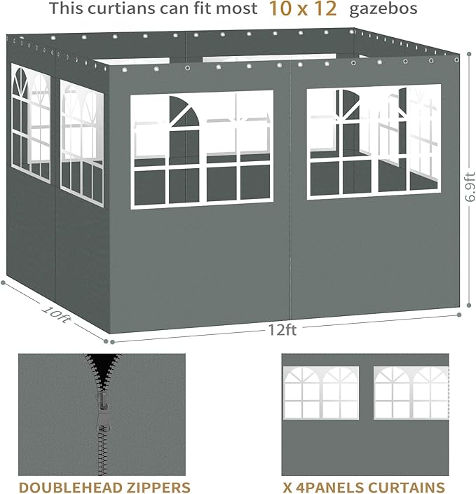 Gazebo Privacy Curtains 10' x 10' with PVC Windows, 4-Panels Side Wall with Zipper Universal Replacement for Patio, Outdoor Canopy, Garden and Backyard, Gray