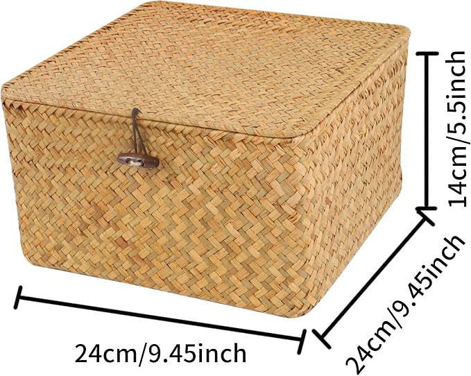 Moosky Wicker Shelf Baskets with Lid, Handwoven Seagrass Storage Basket Bins Square Gift Boxes for Shelves Home Decor Organizer (Natural, Medium)