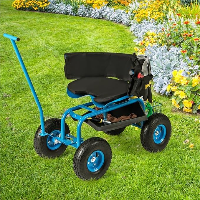 ERGOMASTER Rolling Garden Seat with Wheels,360 Degree Swivel Seat Gardening Stool for Planting,Tool Storage & 2 Steering Handles,Use for Patio, Yard, and Outdoors Workseat, Blue