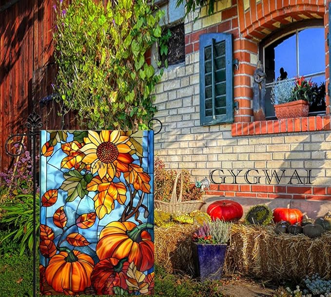 Fall Garden Flag 12x18 Inch Double Sided, Stained Glass Small Burlap Autumn Pumpkins Sunflowers Seasonal Yard Decoration for Outside