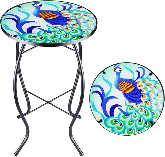 Arbuxzuy 12 Inch Small Outdoor Side Table with Colorful Peacock, Glass Mosaic Patio Table Indoor, Round Plant Coffee Table for Living Room, Balcony, Garden