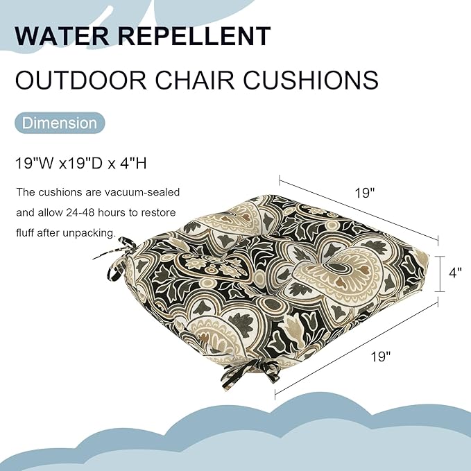 DYTXIII Set of 2 Outdoor Chair Cushions 19"x19"x4", Water Repellent Tufted Patio Seat Cushions with Ties, Thick Replacement Pads for Wicker Dining Chairs, Patio Furniture, Vintage Medallion