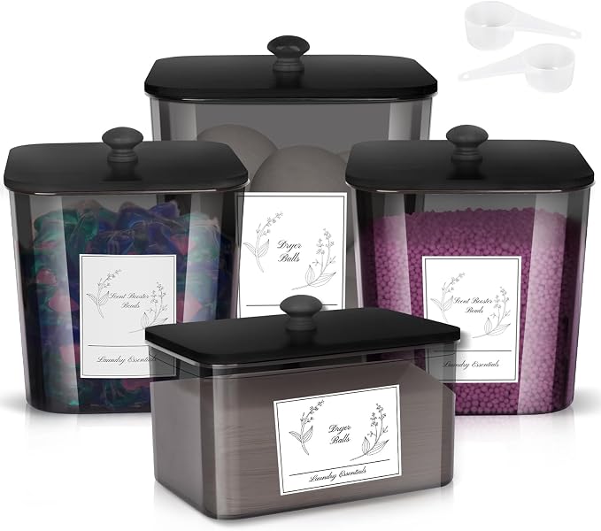 Zingbee 4 Pack Laundry Detergent Containers & Sheet Holder, Black Lids FT4H | Laundry Powder Containers & Dryer Sheet Holder with Black Lids, Scoops & Labels, Plastic Laundry Organizer and Storage Jar