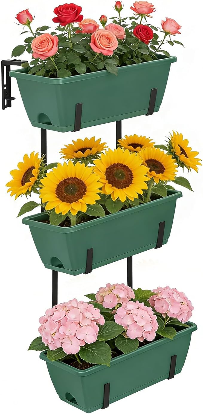 OYEAL 3-Tier Railing Planter Box Deck Railing Hanging Flower Pots Window Box Planter with Adjustable Brackets & Rectangular Flower Pots for Garden Fence, Patio, Balcony Decor Green
