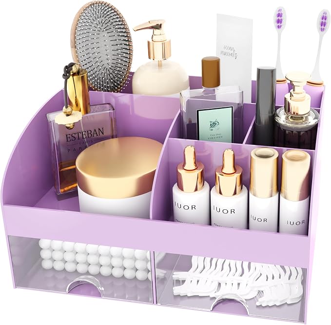 Makeup Organizer with Drawers, Cosmetic Storage for Dresser Vanity and Bathroom Countertop, Beauty Holder for Lipstick Brush, Skincare Organizer for Vanity, Cosmetic Display Case (Purple)