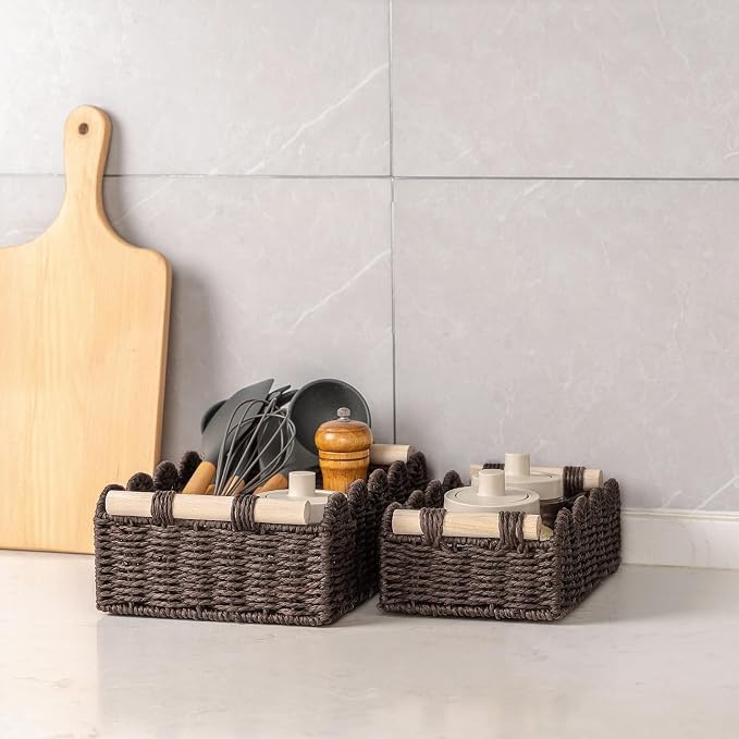 CubesLand Scalloped Toilet Paper Storage Basket for Over Toilet Shelves | Decorative Wicker Organizer Basket Perfect for Home Countertop Storage, Small Basket, Living Room Shelf Decor, Set 2 Brown