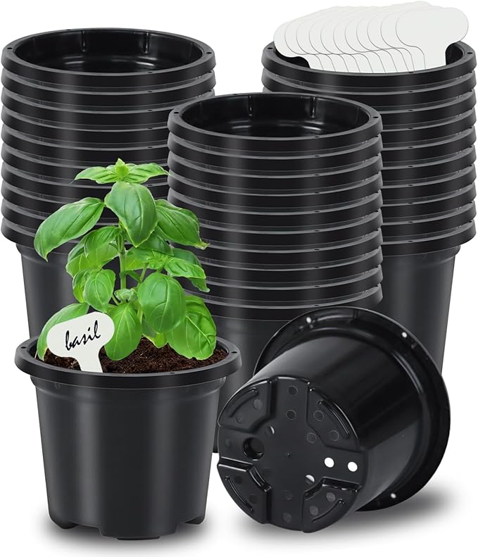 Oliz 30 Pack Black Nursery Pots for Plants, 3.5 Inch Sturdy Plastic Seedling Plant Pot with Drainage Holes, Indoor Outdoor Garden Seed Starter with 30 Plant Labels
