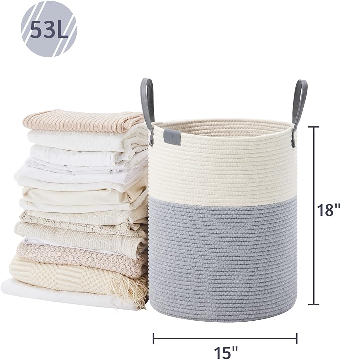VIPOSCO 53L Tall Woven Rope Laundry Hamper, Leather Handles, Grey & White | Large Wicker Laundry Basket for Dirty Clothes, Blanket, Toy, Towel, Yoga Mat, Storage Bin in Bedroom, Bathroom, Living Room