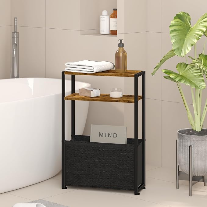 Leomonio Narrow Side Table, Slim End Tables with Fabric Basket, Skinny Table for Small Spaces, Thin Bedside Table for Living Room, Bedroom