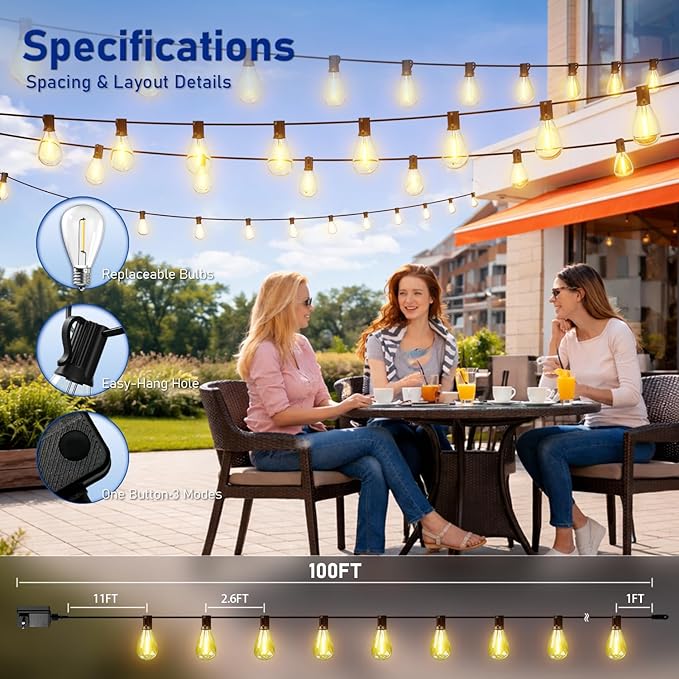 100FT LED Outdoor String Lights with Remote, One Continuous Strand Patio Lights with 35+1 Shatterproof S11 Bulbs, Dimmable 2200K Warm White, Timer & 3 Modes, Low Voltage for Backyard Garden