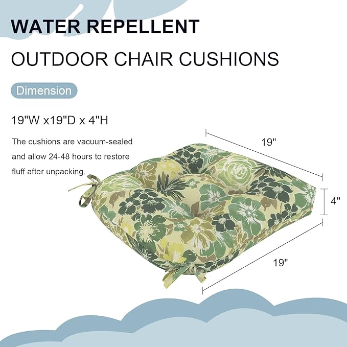 DYTXIII Set of 2 Outdoor Chair Cushions 19"x19"x4", Water Repellent Tufted Patio Seat Cushions with Ties, Thick Replacement Pads for Wicker Dining Chairs, Patio Furniture, Green Rose