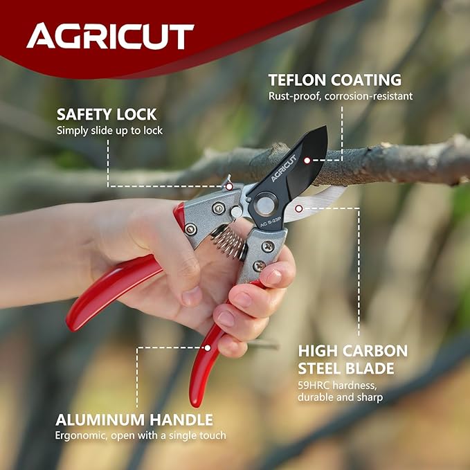 AGRICUT Pruning Shears, 7/8-Inch Cut Capacity Hand Clippers, Bypass Pruners, Gardening Scissors with Sharp Steel Blade (Aluminum Handle, High Carbon Steel PRO with Sheath)