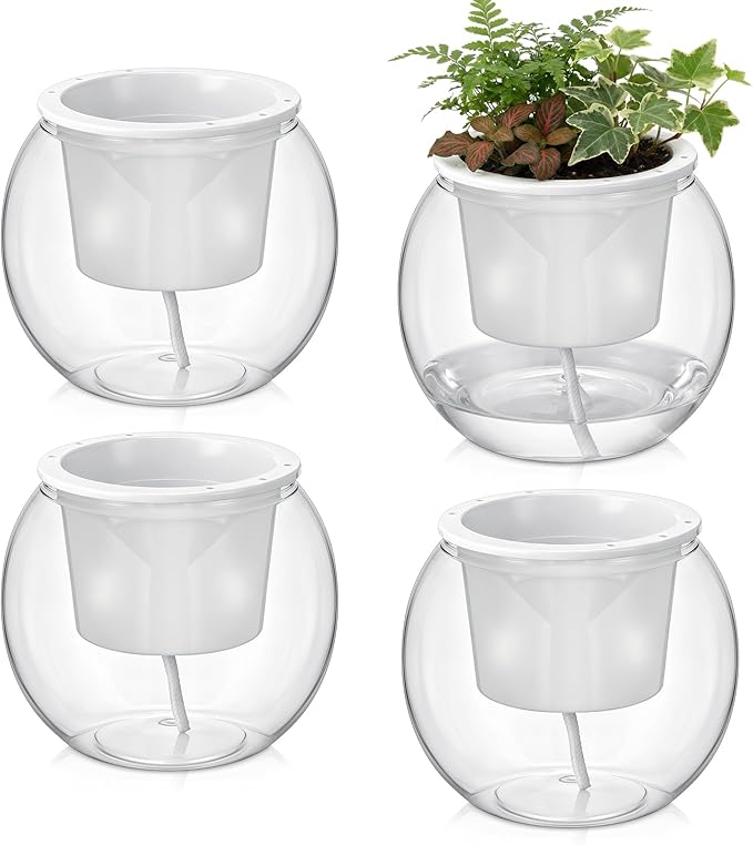4 Pcs Self Watering Pots for Indoor Plants with Drainage Holes 6 Inch Clear African Violet Pots Pet Automatic-Watering Planter with Wick Rope for Windowsill Gardens Herb Orchid