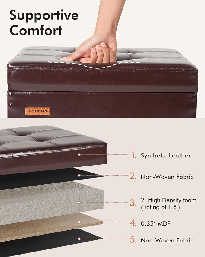 ABHENG Steel Frame Small Ottoman with Storage Antique Brown UASND70R | 12.2" D x 16.1" W x 17.7" H, Hold 660 lbs, 48L Storage Capacity, Waterproof Faux Leather, Removable Lid, for Dorm Living Room