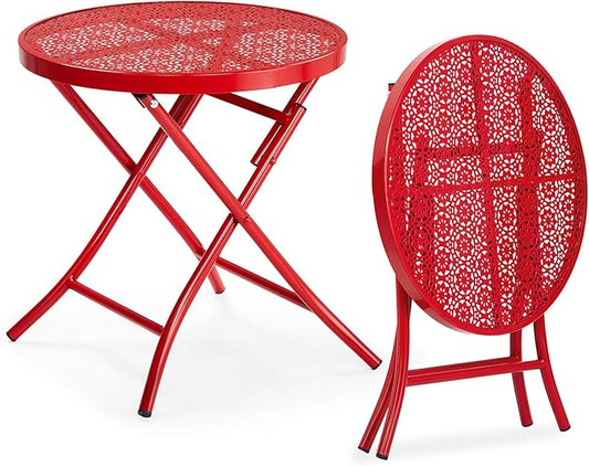 VINGLI Outdoor Folding Side Table with Chic Hollow Pattern and Durable, Rust-Resistant Coated Iron Patio Bistro Table Suitable for Indoor & Outdoor Porch, Deck, Balcony and Pool,Red