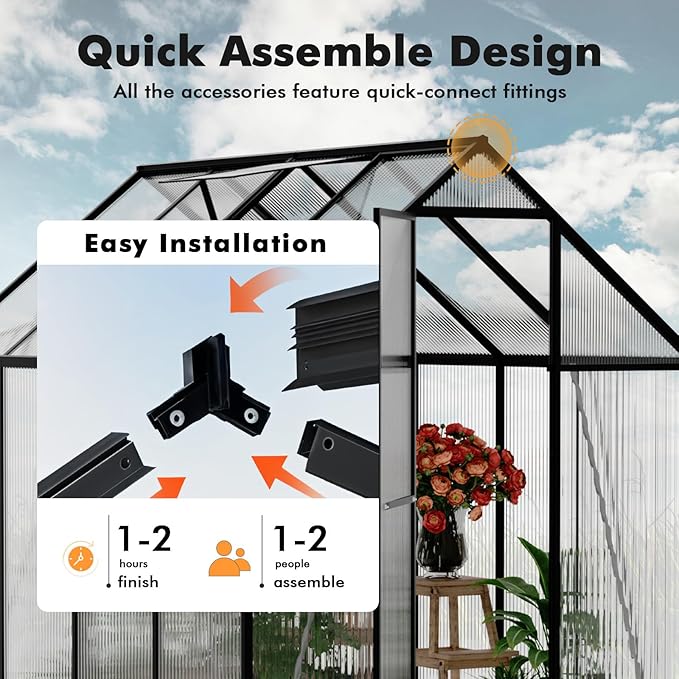 6×7.5FT Greenhouse for Outdoors, Walk-in Greenhouse and Winter Garden Planting, Polycarbonate Greenhouse with Electronic Thermometers, Withstands Strong Wind or Snow to Protect Vegetable or Plants