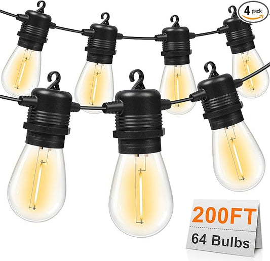 GvvooHome 200FT(50FT*4) LED Outdoor String Lights Waterproof Patio Lights with 64 Shatterproof S14 Edison Bulbs(4 Spare), Dimmable Hanging Outdoor Light Connectable for Yard, Porch, 2700K Warm White
