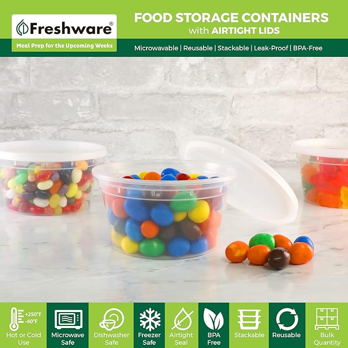 Freshware Food Storage Containers [240 Set] 12 oz Plastic Deli Containers with Lids, Slime, Soup, Meal Prep Containers, BPA Free, Stackable, Leakproof, Microwave, Dishwasher and Freezer Safe