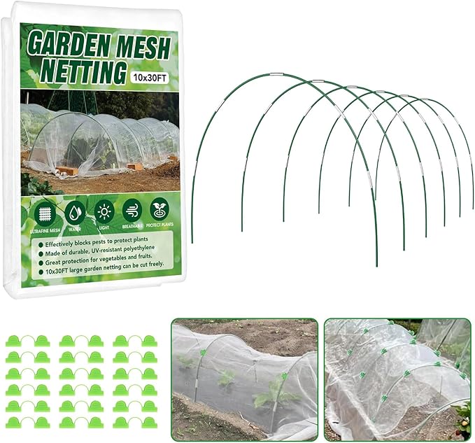 Garden Netting Kit for Raised Beds, 10x30FT Ultra Fine Mesh Netting ＆6 Sets Fiberglass Garden Hoops, Insect Netting for Garden Plant Row Cover Vegetable Flowers Protection Barrier