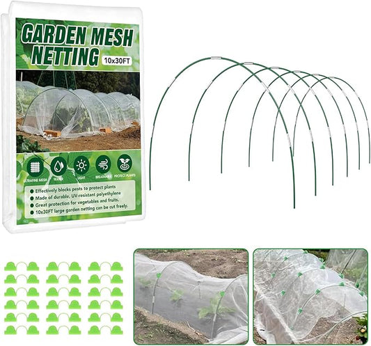 Garden Netting Kit for Raised Beds, 10x30FT Ultra Fine Mesh Netting ＆6 Sets Fiberglass Garden Hoops, Insect Netting for Garden Plant Row Cover Vegetable Flowers Protection Barrier