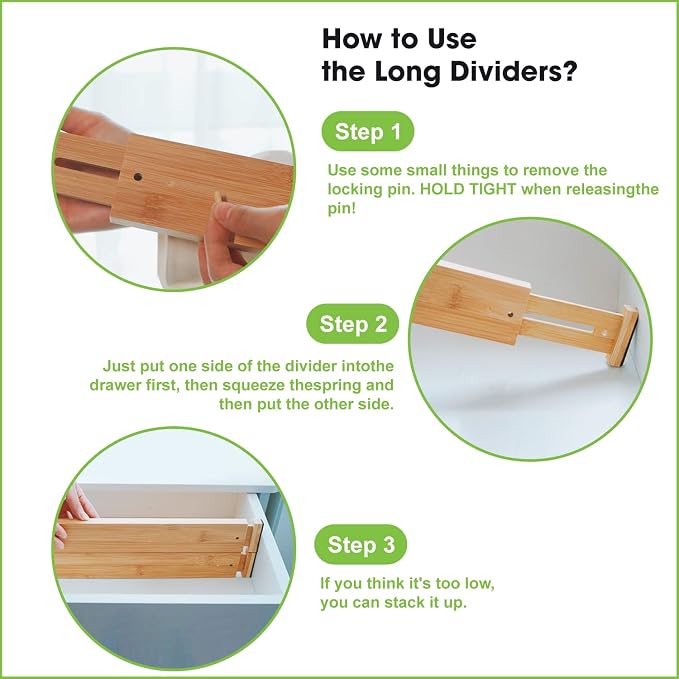ANTOWIN 4 Pcs Expandable Bamboo Drawer Dividers, Fits 17.6-21.6" Drawers