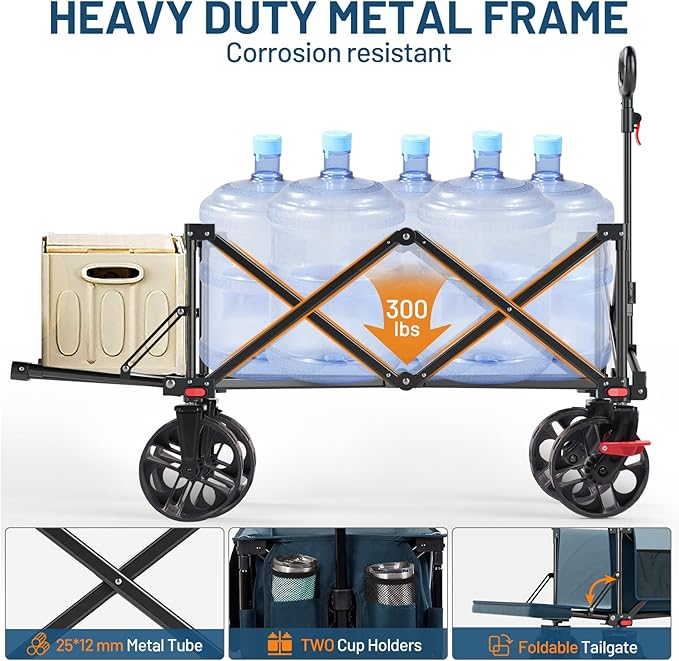Timber Ridge 47" L Collapsible Wagon with Tailgate & Brake, 300 lbs Heavy Duty Beach Wagon with All-Terrain Big Wheels, 250L Foldable Utility Cart for Sand Camping Sports Shopping, Blue